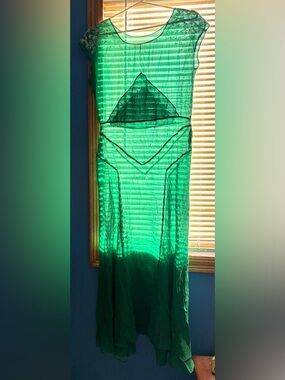 Vintage 1930s AS IS Emerald Green Beaded Chiffon Flutter Dress Gown, Size Small